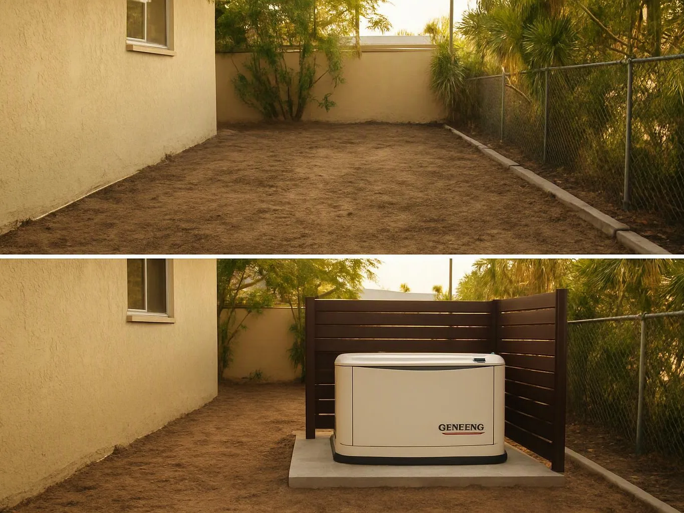 Two-yard comparison shows a bare dirt side yard above and a fenced generator on a concrete pad below