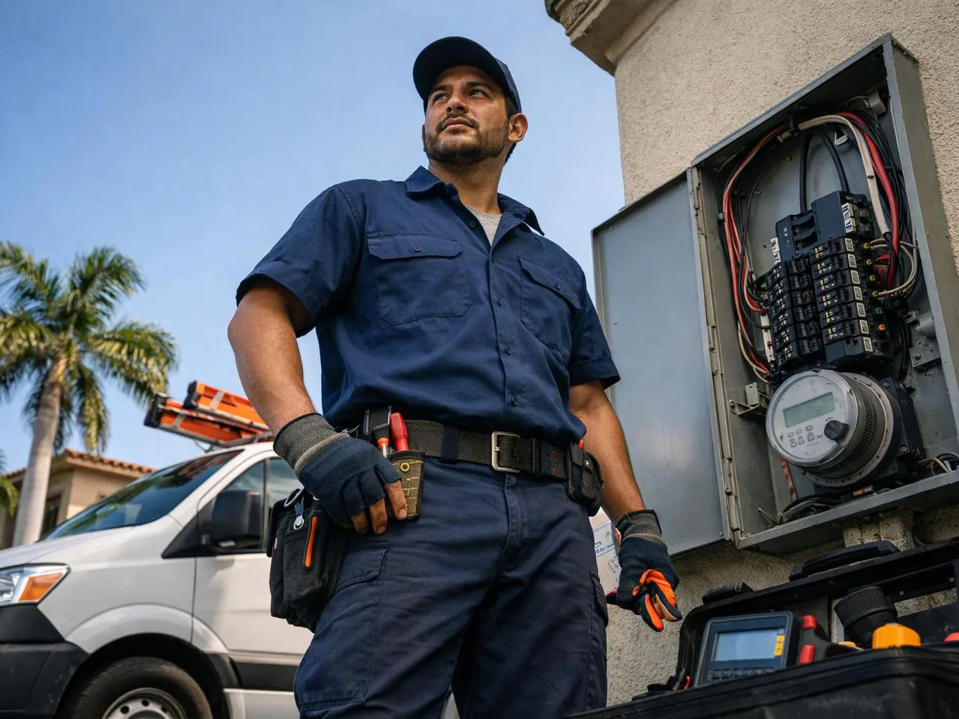 A utility worker stands beside an open electrical panel, holding tools near a white service van and palm trees