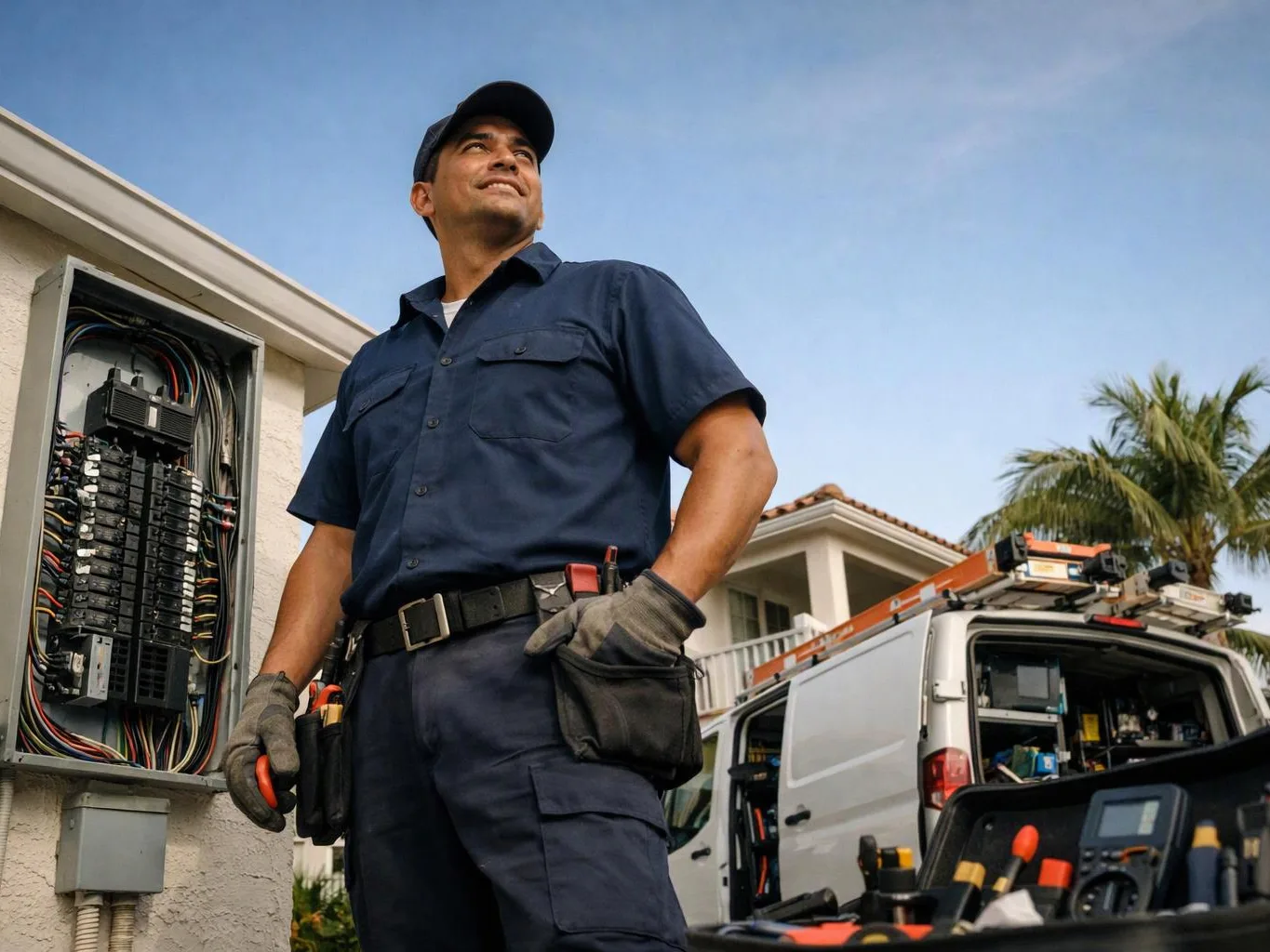 A utility worker stands by an open electrical panel with a service van and tools nearby under a blue sky
