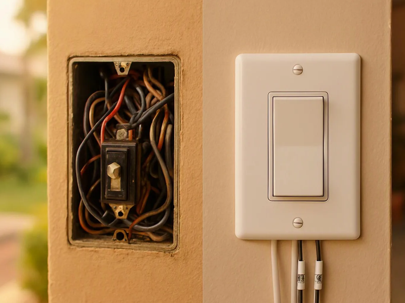A wall shows an exposed wiring box beside a white rocker light switch with cables below