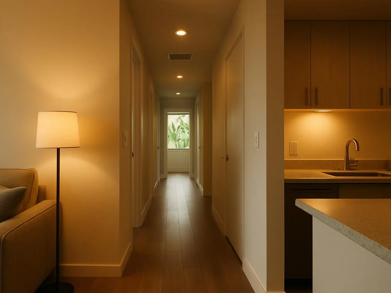 A warm hallway leads past a lit lamp and kitchen counter toward a bright window with plants outside