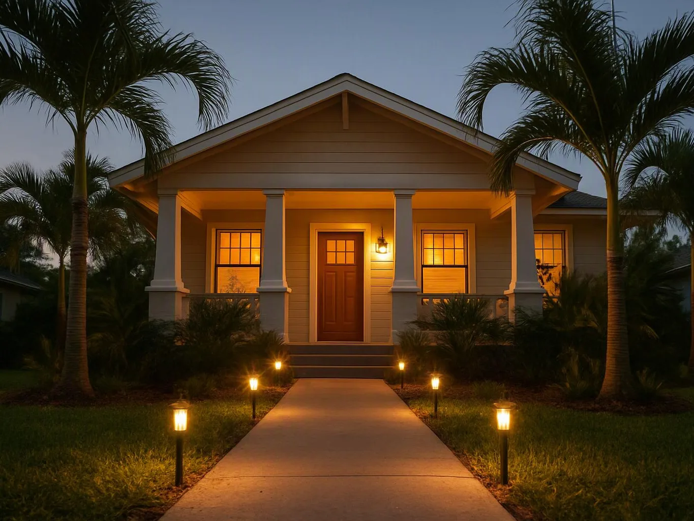 A warmly lit house with a front porch stands behind a straight walkway lined with small garden lights and palm trees