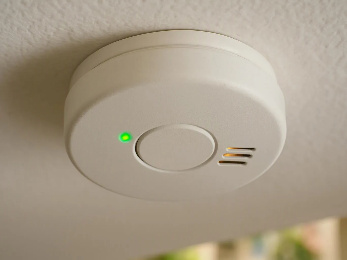A white ceiling smoke detector shows a green status light beside a round test button