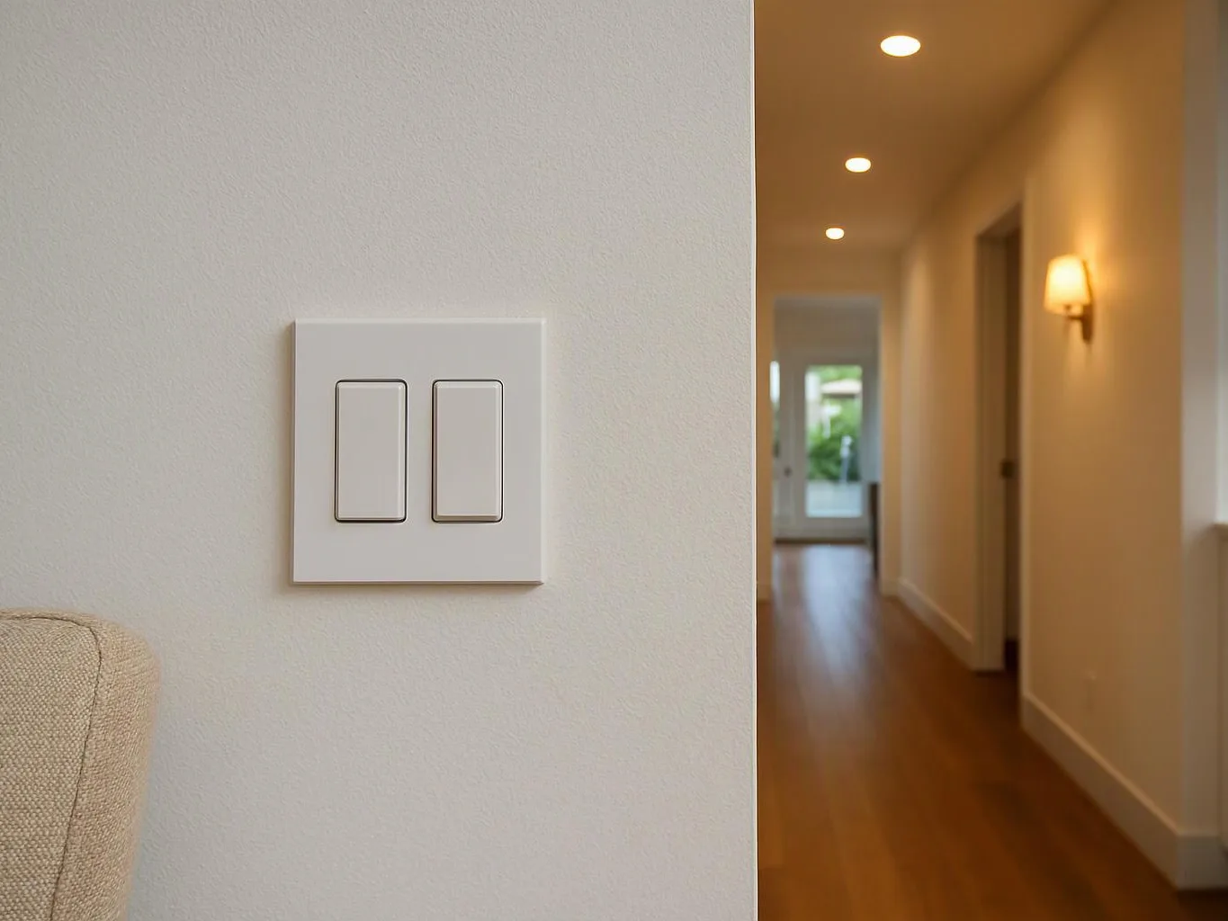 A white double light switch sits on a wall beside a softly lit hallway with wood floors