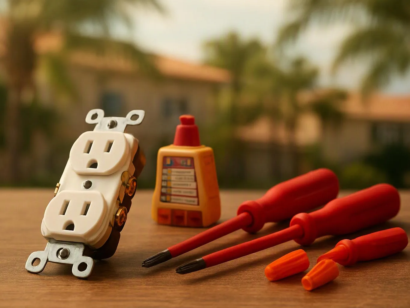 A white electrical outlet, a bottle, and red screwdrivers sit on a wooden table outdoors