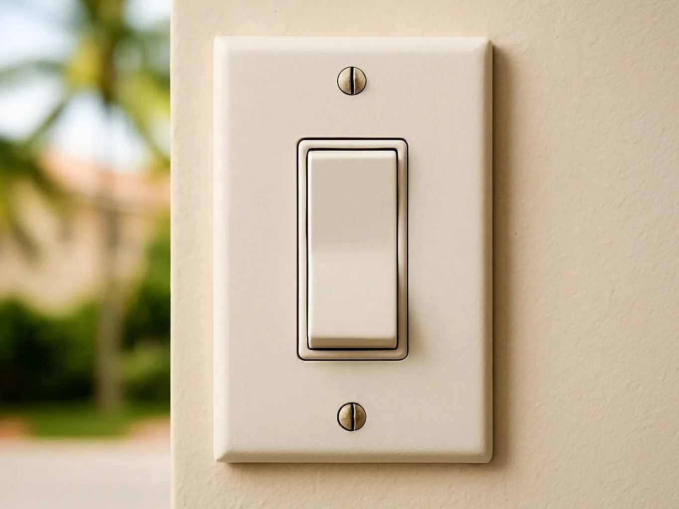 A white light switch sits on a beige wall, with a blurred outdoor scene in the background
