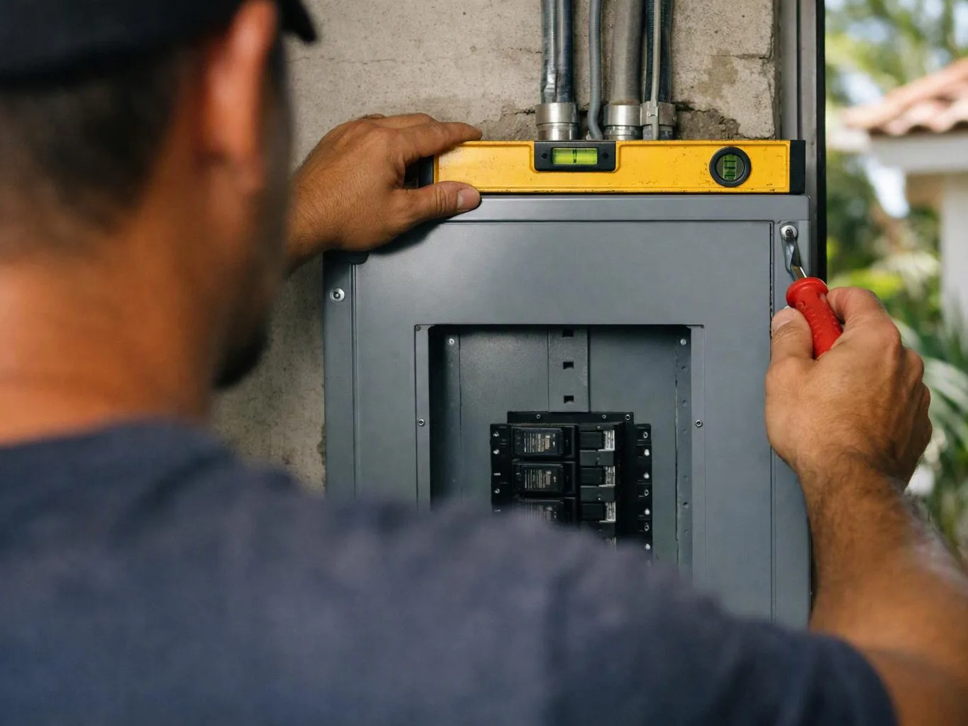 A worker adjusts an outdoor electrical panel with a screwdriver and level attached to the wall