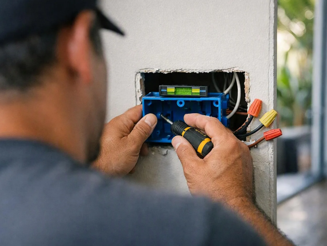 A worker installs a blue electrical box in a wall opening using a screwdriver