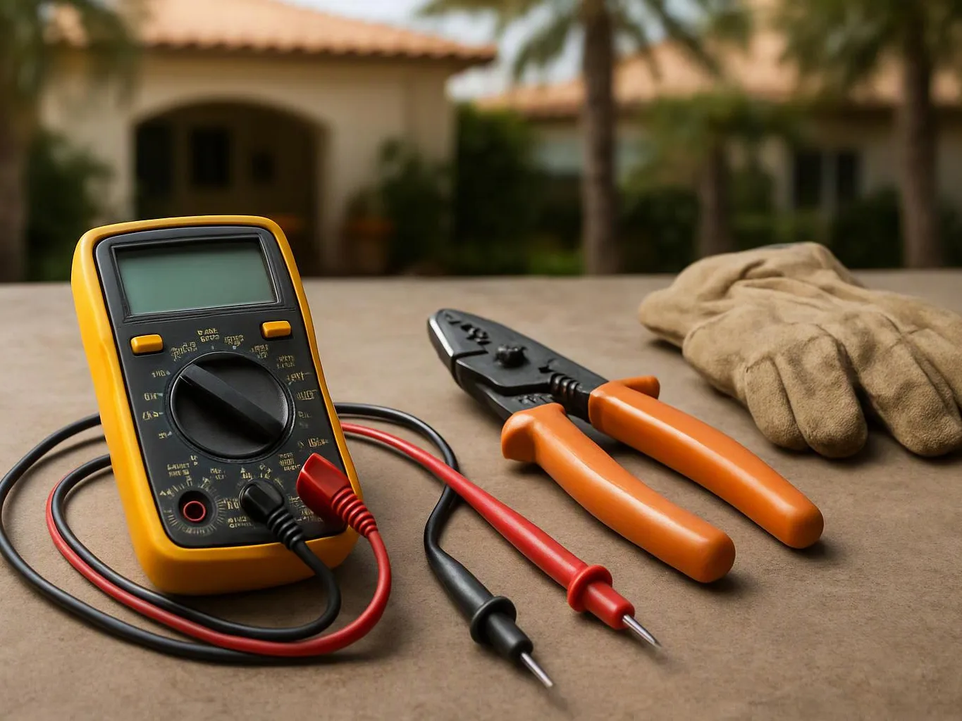 A yellow digital multimeter, wire strippers, test leads, and work gloves sit on a tabletop outdoors