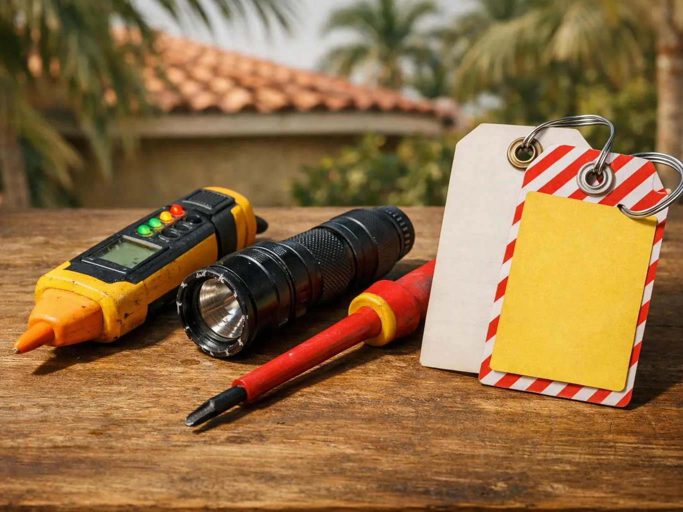 A yellow voltage tester, black flashlight, red screwdriver, and blank tags rest on a wooden table outdoors